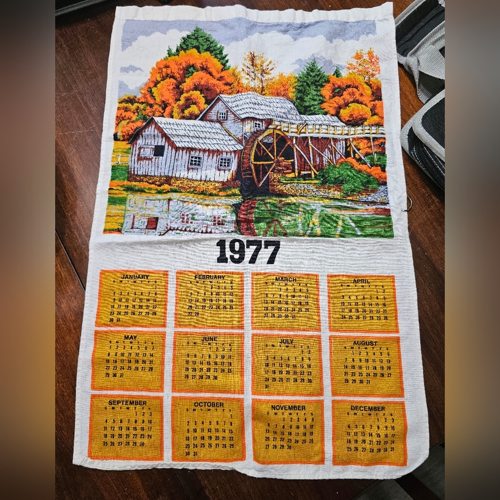 Vintage 1977 Calendar Towel with Autumn Scene